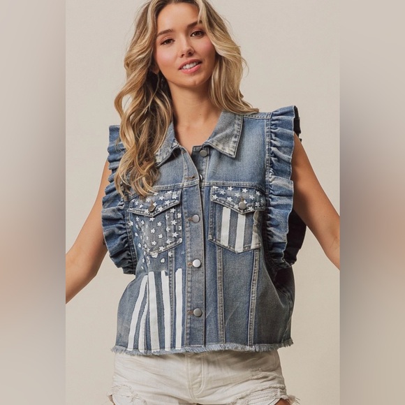 B15. NEW Bibi Denim Vest American Flag W/Ruffle Sleeves Stars & Stripes Graphic - Picture 6 of 8